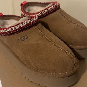 UGG Chestnut Suede Slide Slippers with Red Trim